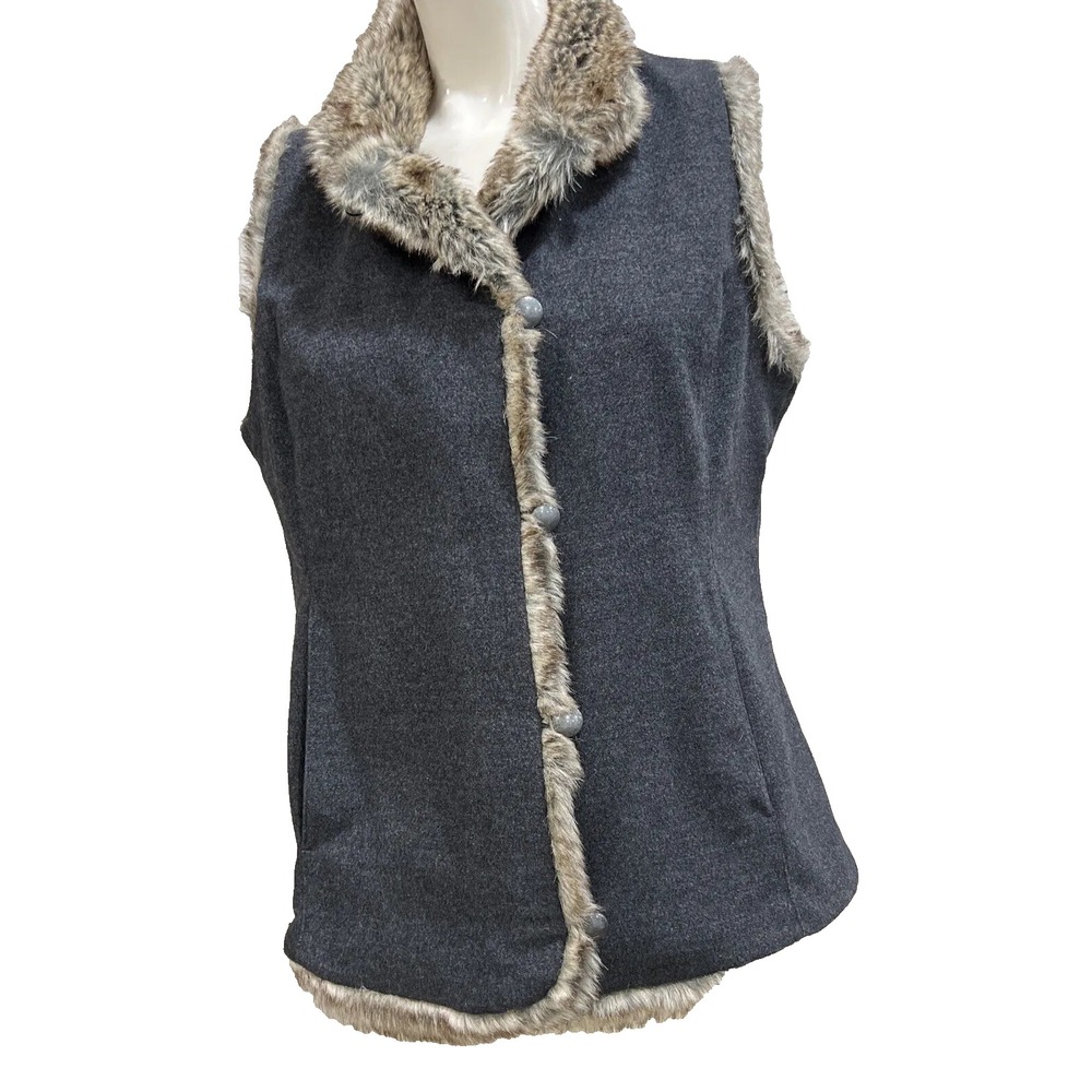 J.Jill Women's Vest Gray Size Small Faux Fur Trim Button Down Pockets Jacket Top